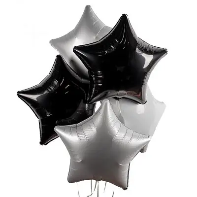 A bunch of silver-black air balloons